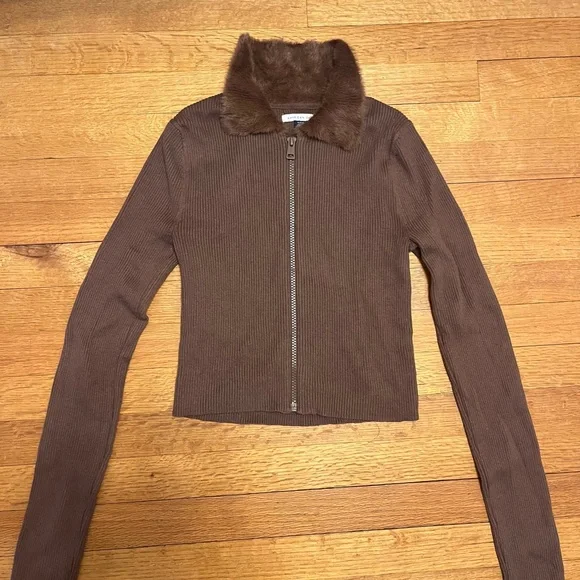 American Eagle Outfitters Brown Teddy Zip-Up with Faux Fur Collar - Picture 1 of 5